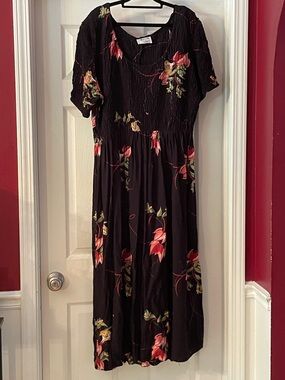 Black Floral Midi Dress with Pink and Green Accents